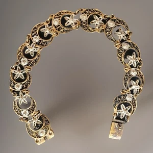 Vintage Filigree Handmade 800 Silver Crescent Moon & Flower Bracelet 7.5" - Picture 1 of 5