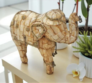 Antique Wooden Elephant Figurine Fine Mother of Pearl Fitted Hand Carved - Picture 1 of 7