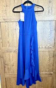 JJ's House Cascading Ruffles Halter A-line Asymmetrical Midi Dress M Royal Blue - Picture 1 of 10