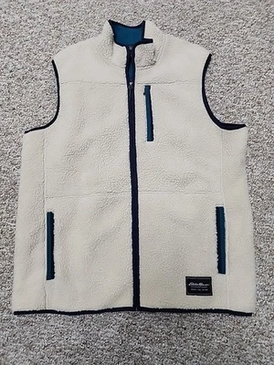 Chaleco Eddie Bauer Para Hombres Grande Crema Sherpa Vellón Cremallera Completa Verde Azulado Borde Bolsillos Foto 1 de 4