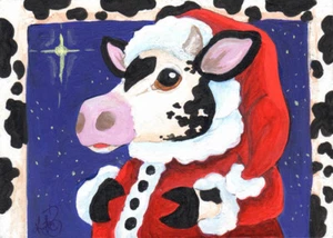Santa Cow bull Christmas star ACEO mini Loberg original fantasy art Red suit Hat - Picture 1 of 3