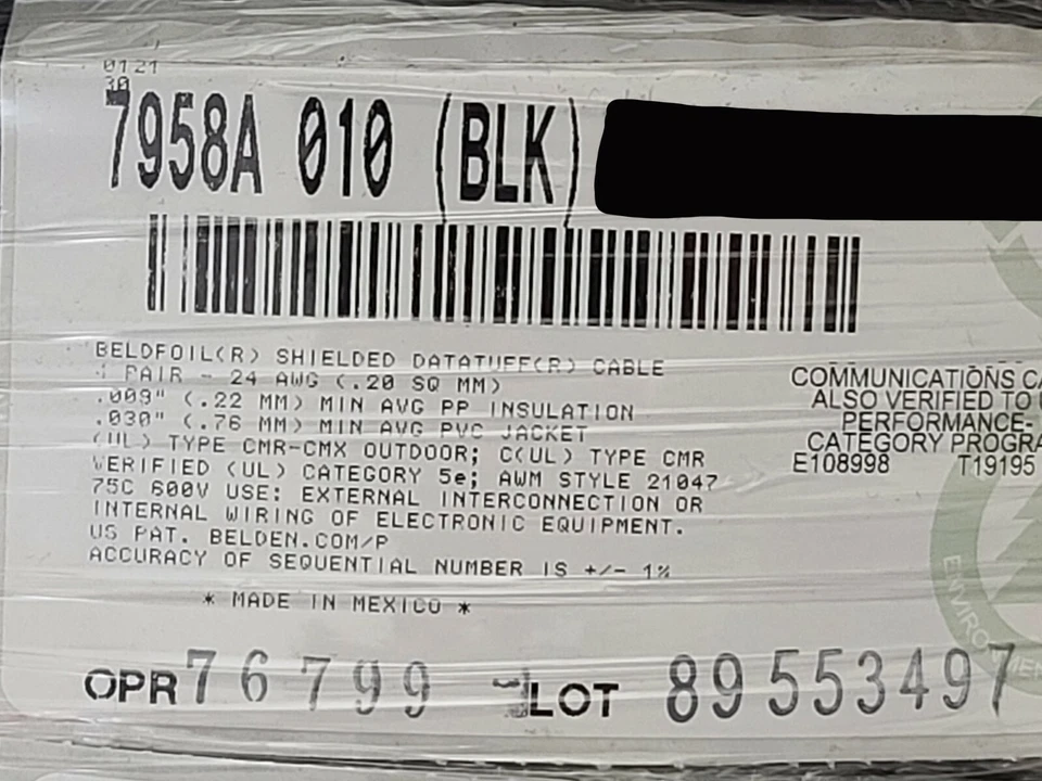 Cable de red conectado Belden 7958A 24/4P CAT5e F/UTP DataTuff CMX/CMR negro/50 pies Foto 1 de 4