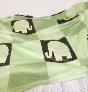 Amy Coe Green Brown Baby Blanket Appliqué Elephant Squares Plush Minky Fabric