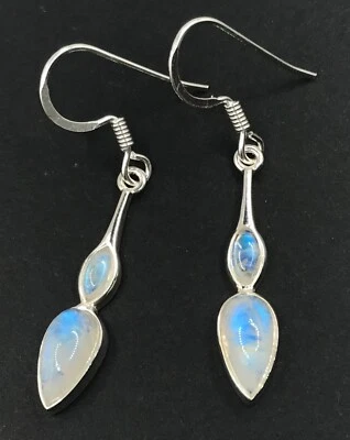 Rainbow moonstone elegant drop earrings round, solid Sterling Silver, 43mm total - Image 1 of 4