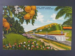 Streamliner Railroad Train Engine Florida Vintage Color Lino Postal 1945 - Imagen 1 de 2