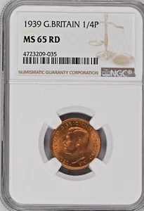 1939 Great Britain 1 Farthing 1/4P NGC MS65 RD KM#843 Brilliant Uncirculated BU - Picture 1 of 2