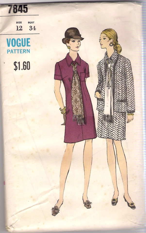 Vogue Sewing Pattern 7845, Vintage Jacket, Dress, Scarf, Size 12 , Bust 34  - Image 1 of 1