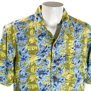 Exofficio Hawaiian Shirt Large Floral Tropical Flowers Vines Fish Yellow-Green - Picture 1 of 8