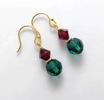 Emerald Ruby Crystal Earrings Small Made with Swarovski Gold Tone Hooks AUS - image 1 of 4