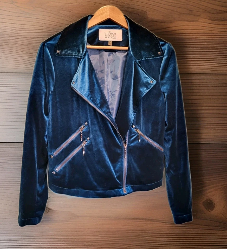 Chaqueta de moto Belle Badgley Mischka de terciopelo verde azulado talla M Foto 1 de 4