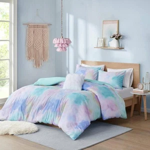 Karissa 4-Piece Aqua Full/Queen Microfiber Watercolor Tie Dye Printed Duvet Set - Picture 1 of 8