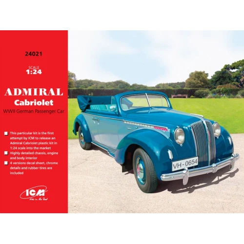 ADMIRAL CABRIOLET WWII GERMAN PASSENGER CAR KIT 1:24 Icm Kit Auto Modellino Nuov - Immagine 1 di 1