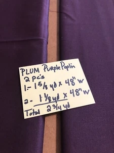 Plum Purple Poplin Fabric Solid Poly Poplin  2 PCs 1 5/8 & 1 1/8 Yds X 48” Wide - Picture 1 of 3