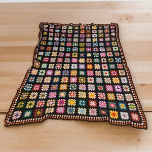 Vtg handmade crochet Red Pink Black Floral blanket afghan Large 61x51 grannycore - Picture 1 of 4
