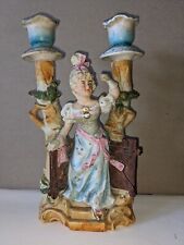Antique Porcelain Bisque double Candlestick Girl Candle Holder Candelabra 9"