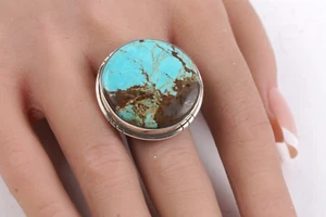 Copper Turquoise 925 Round Shaped Blue Gemstone Cocktail Ring Sz 8.5 - Picture 1 of 5