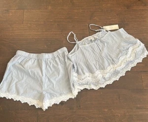 Calypso Damen Blau Weiß Pyjama Set Shorts Oberteil Neu Spitzendetail Baumwolle Gr. S - Bild 1 von 3