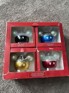 Hallmark Disney Mickey Mouse Icon Glass Ornaments Set of 4 New In Damaged Box