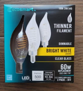 EcoSmart 60-Watt Equiv B11 Dimmable E12 Candelabra Fine Bendy LED Brt White 3Pk - Picture 1 of 2