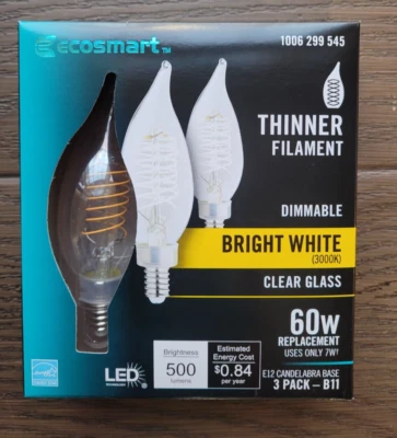 EcoSmart 60-Watt Equiv B11 Dimmable E12 Candelabra Fine Bendy LED Brt White 3Pk - Image 1 of 2