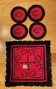 Vtg Hungarian Folk Art felt Doily Red & Black 10” X 10" Centerpiece & 4 coasters - Picture 1 of 5