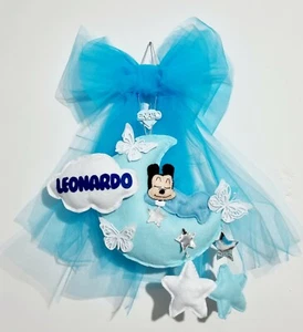 Fiocco nascita coccarda per bimbo topolino con tulle celeste luna stella nome - Foto 1 di 10