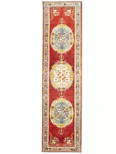 Vintage Red Traditional Turkish Oushak Runner 3.4x12.8 ft Hand-knotted Carpet - Picture 1 of 15