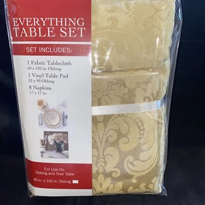 Everything Table Set Gold 60x102 Oblong, Vinyl Table Pad, 8 Napkins New In Pac - Image 1 of 4