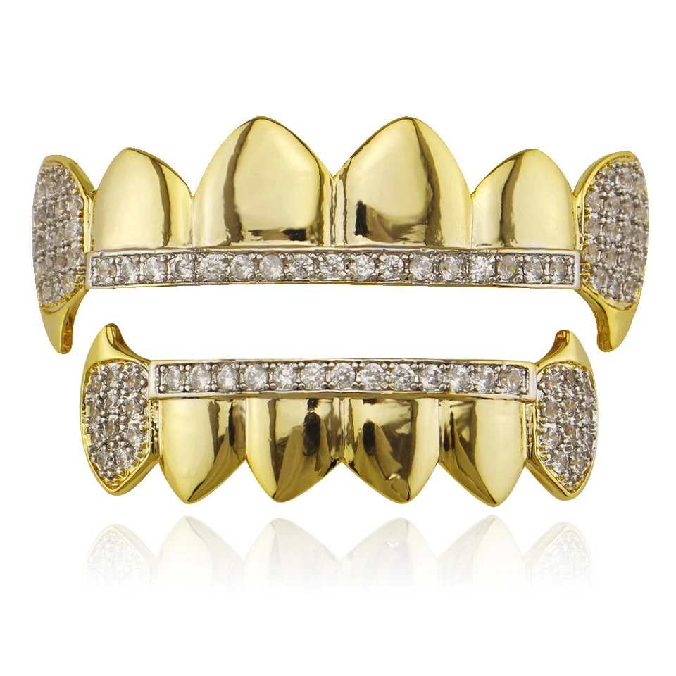 Parrillas de Hip Hop Colmillos Top Bottom Set 5A+ CZ Dientes plateados en oro de 18K Grillz Foto 1 de 4