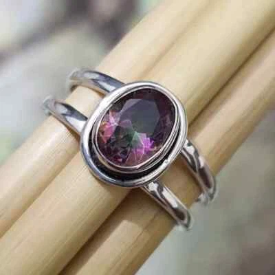 Mystic Topaz Gemstone 925 Sterling Silver Minimalist Handmade Band Ring SJ253 - Image 1 of 3