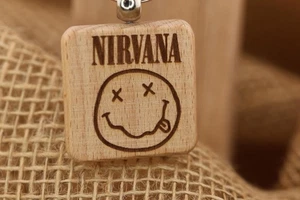 Nirvana smiley face keychain / bag charm: laser engraved hardwood, stainless - Picture 1 of 7