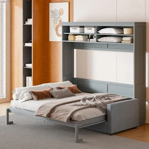 Free Shipping:Queen Size Wall Murphy Bed with Top Cabinet,Shelves and Wardrobe - Picture 1 of 16