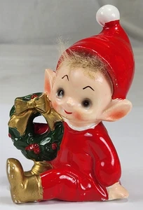 Vintage Josef Original Pixie Elfe mit Haar Figur Weihnachtskranz Japan 3,75" - Bild 1 von 8