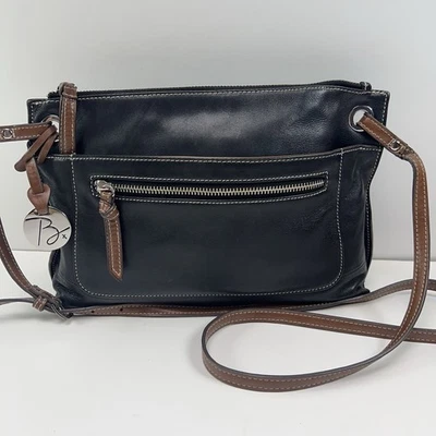 BORSELA BY HOBO Leather Crossbody Bag Zip Close Boho Shoulder Purse Black Brown - Image 1 of 4