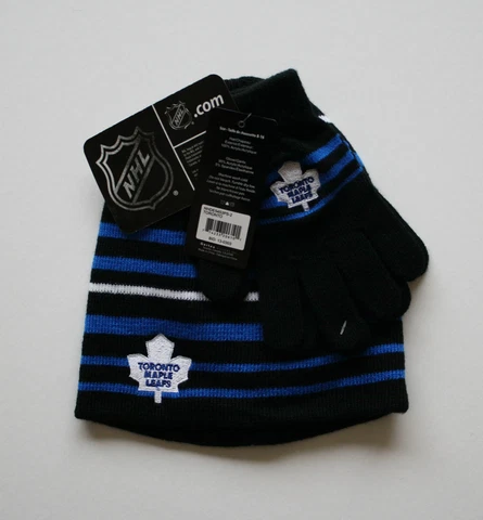 OFFICIAL NHL LICENSED TORONTO MAPLE LEAFS WINTER STRIPED TUQUE & GLOVES SET Cover