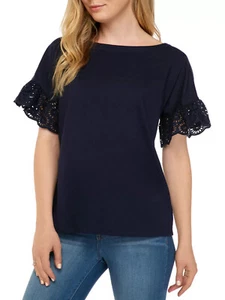 NEW LADIES NAVY TUNIC TOP PURE COTTON BELL SLEEVE EYELET BY KIM ROGERS - Picture 1 of 5