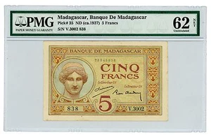 Madagascar ... P-35 ... 5 Francs ... ND(1937) ... *UNC* ... PMG 62 NET - Picture 1 of 2