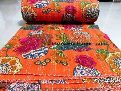 Fruta Estampado Algodón Puro Naranja Kantha Colcha Doble Bohemio Tamaño Colcha - Imagen 1 de 4