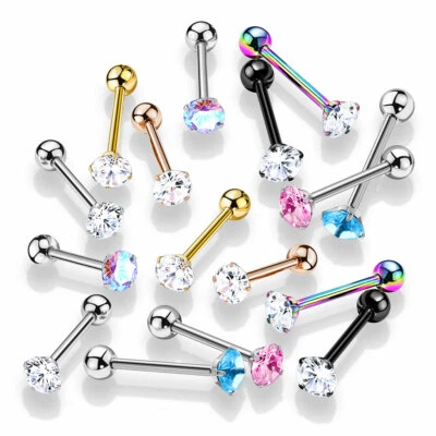 6 mm Prong Set Round CZ Surgical Steel Tongue Rings Barbell  14G 5/8" - Image 1 of 4