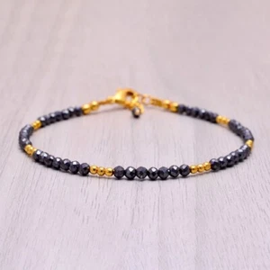 Natural Hematite Faceted Round Gemstone Gold Filled Beads 6-8" Handmade Bracelet - Picture 1 of 8
