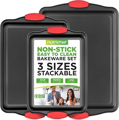 3-Piece Nonstick Baking Pans, Steel with Red Silicone Handles, Easy to Clean - Image 1 of 4