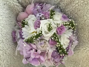 Bridal or Bridesmaid Bouquet Lavender white Feathers Pearl  - Picture 1 of 11
