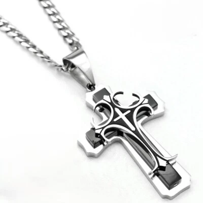 Hombre Acero Inoxidable.Cruz Negro Colgante 24"Cubano Bordillo Cadena Alto Pulido Caja Foto 1 de 4