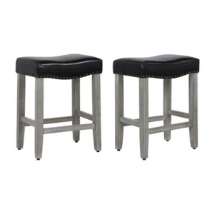 24" Upholstered Saddle Seat Counter Stool (Set of 2) in Black Leather - Picture 1 of 1