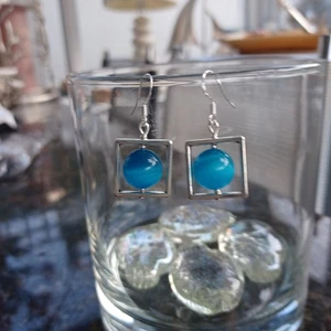 Türkis Mondstein Katzenauge Quadrat Rahmen Ohrringe. Sterling Silber Haken.  - Bild 1 von 3