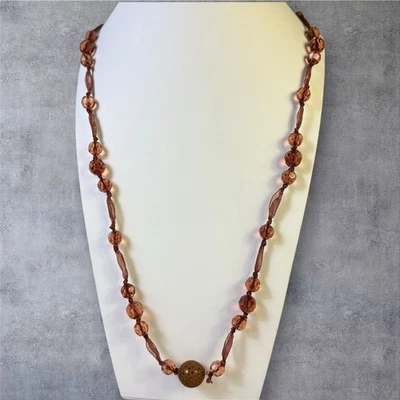 297. Amber Lucite Beaded Necklace on Ribbon Chain - Image 1 of 2
