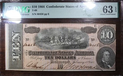 1864 $10 Confederate States Of America T-68 PMG 63 EPQ - Image 1 of 2