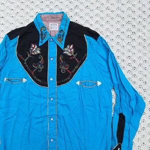 Vtg Cowboy Joe Las Vegas Sequin Western Rockabilly Pearl Snap Shirt Blue - Large - Picture 1 of 10