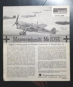 VTG MONOGRAM MODEL MESSERSCHMITT ME109E KIT 6800-0200 1:48 INSTRUCTIONS ONLY - Picture 1 of 2
