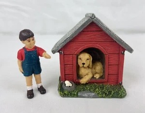 2 Miniatures Boy w/ Dog in Doghouse Dollhouse Fairy Garden Village 2” Figurines - Picture 1 of 6
